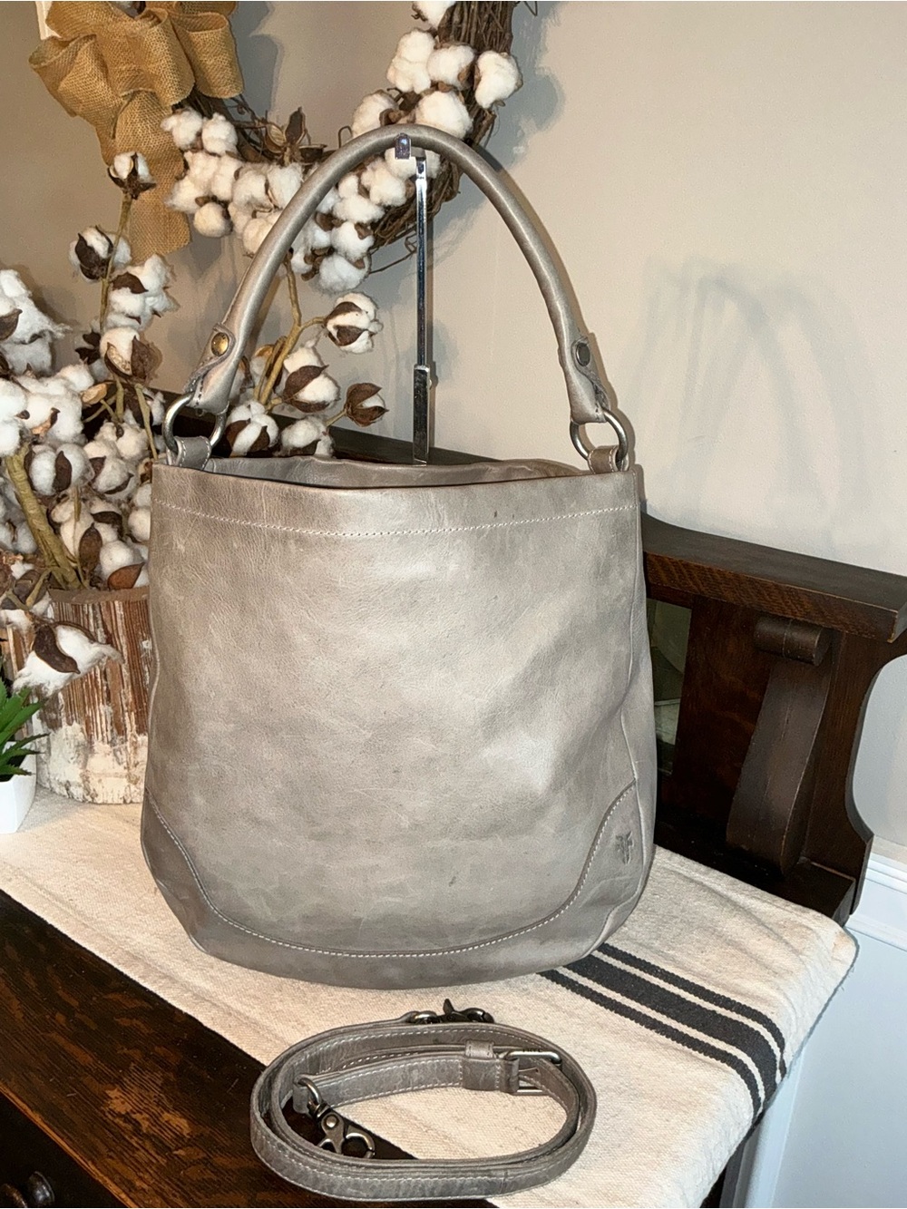 Frye Melissa Leather Hobo Crossbody Bag Ice Light Gray MSRP $388
